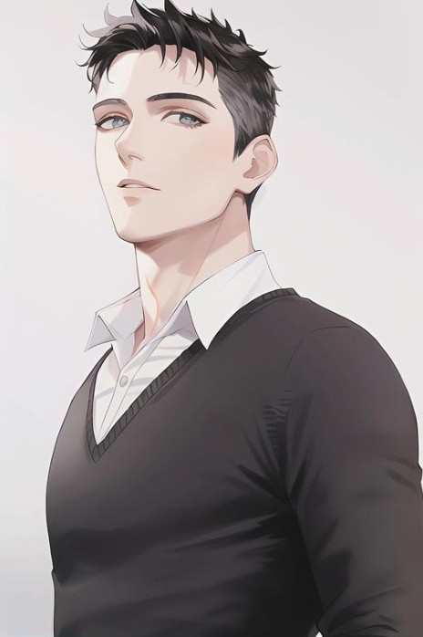 A digital illustration of Vladislav Kossyrev, a Marketing and Web Specialist, in anime style with short brown hair, wearing a grey sweatshirt vest with long sleeves over a white shirt.
