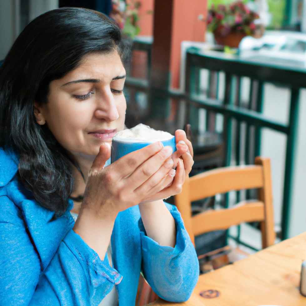 Woman holding a cup of coffee at a cafe.