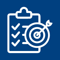 Icon of USP processing service consisting of a tablet for paper with points and a target with an arrow in the center, on a dark blue background.